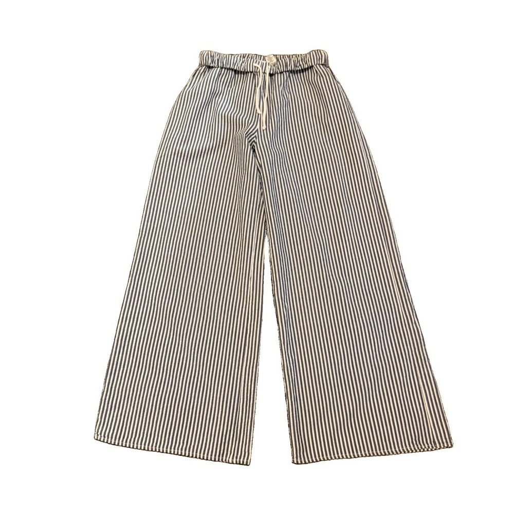 HM Blue‎ and White Vertical Stripe Lined Wide-Leg Pants Roll Down Waist Sz M